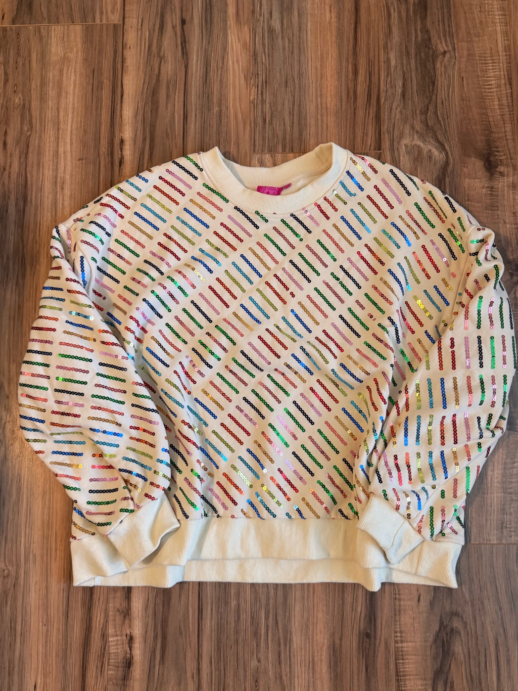 Queen Of Sparkles Women’s Beige Rainbow Sequin Stripe Sweater